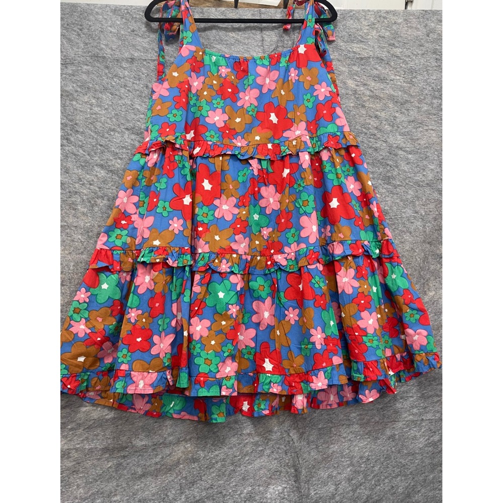 Entro Women Floral Tiered Mini Dress Blue Multicolor Tie Shoulder Cotton Large - Picture 2 of 8